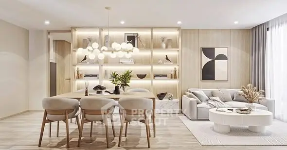 Modern open-plan living and dining area with elegant decor and ambient lighting.