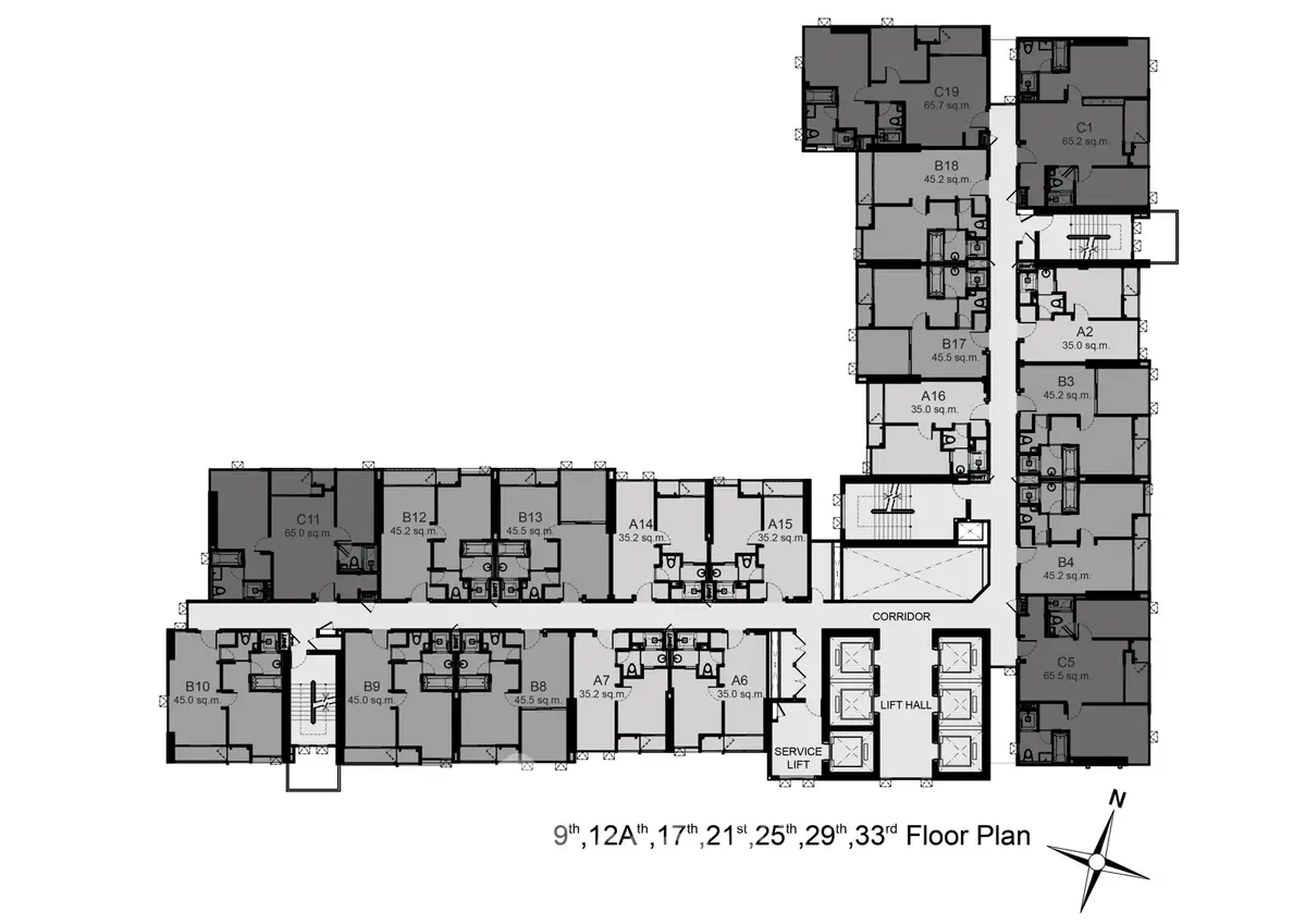 Detailed floor plan layout for multiple floors in a residential building, showcasing unit arrangements and corridors.