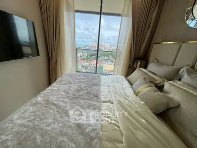 Luxurious bedroom with stunning city view and elegant decor