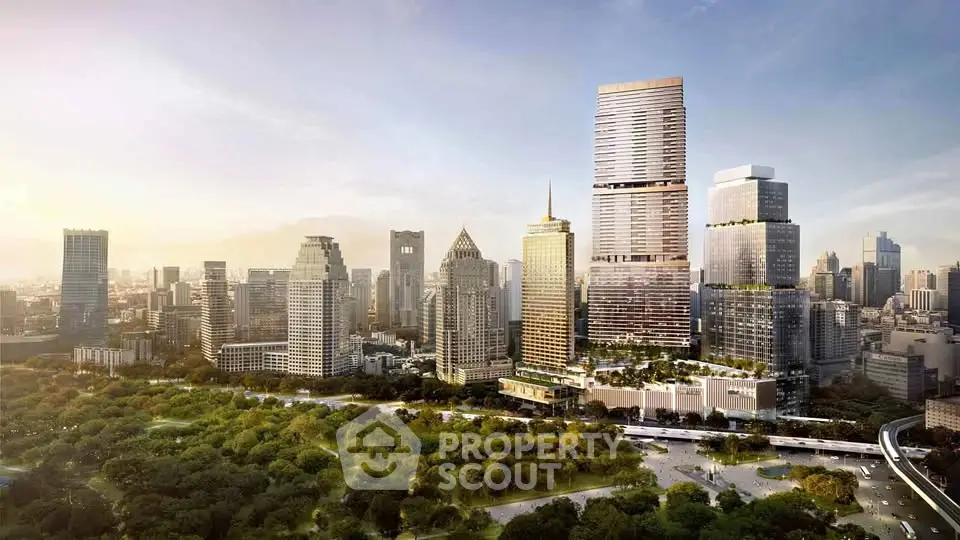 Stunning cityscape view of modern skyscrapers with lush green park in the foreground, showcasing urban luxury.