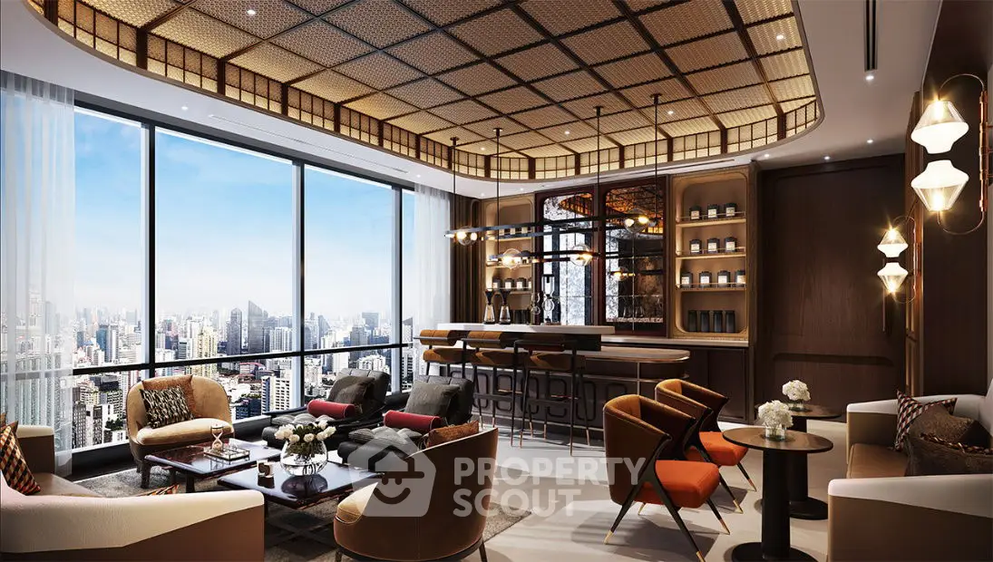 Luxurious living room with panoramic city view and elegant decor