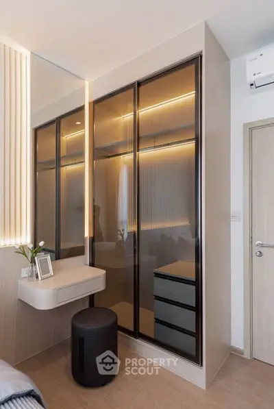 Modern bedroom with sleek wardrobe and elegant vanity area