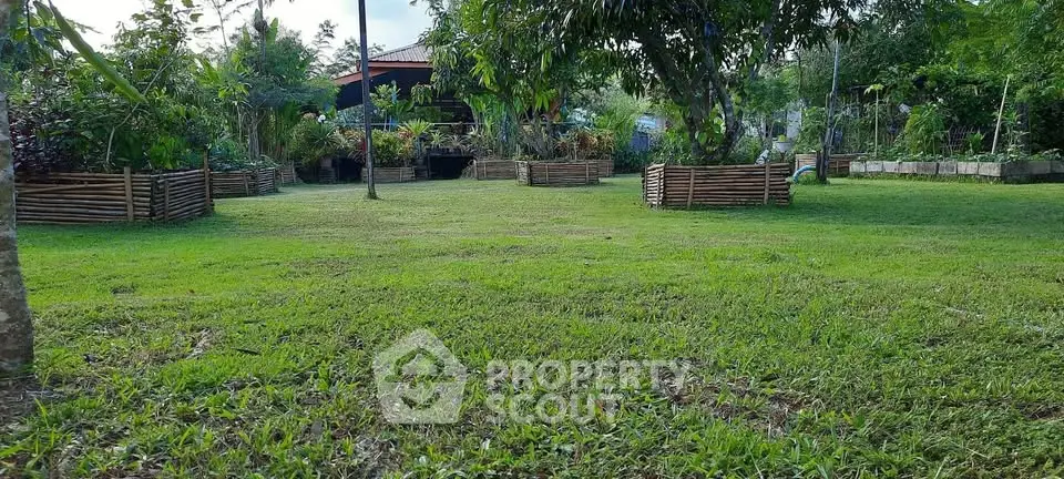 Spacious garden with lush greenery and wooden planters, perfect for outdoor relaxation and gardening enthusiasts.