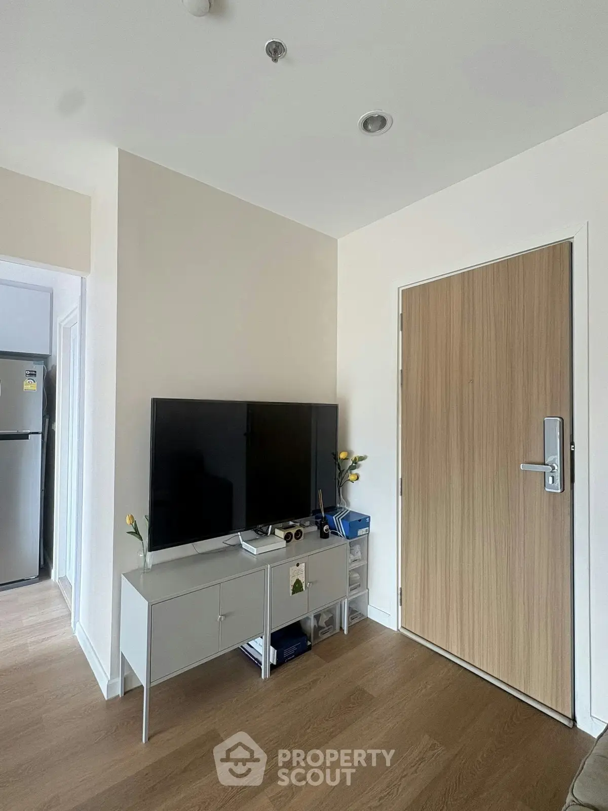 Modern apartment entrance with sleek wooden door and stylish TV setup