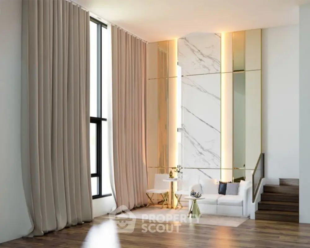 Luxurious modern living room with high ceilings and elegant decor