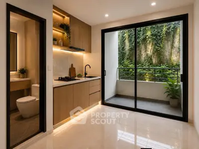 Modern kitchen with open layout and balcony view, featuring sleek cabinetry and natural light.