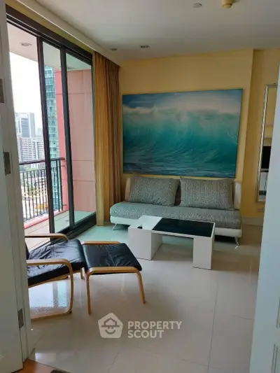 Modern living room with balcony view in high-rise apartment