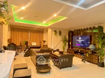 Luxurious living room with modern decor and ambient lighting