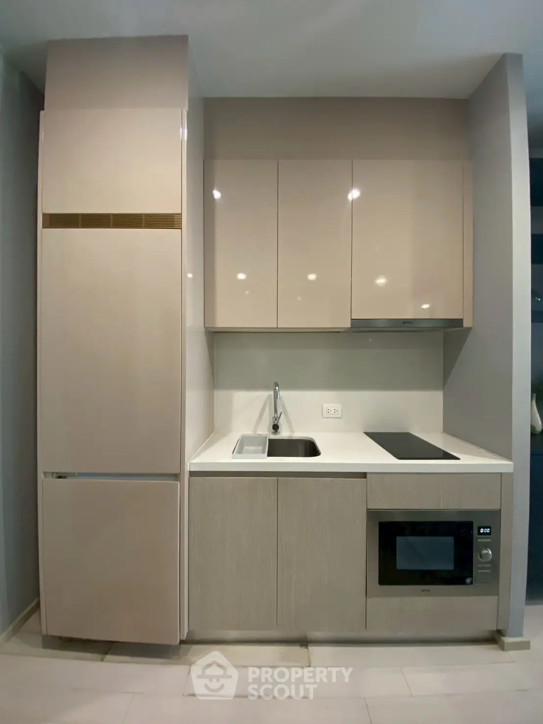 Modern compact kitchen with sleek cabinets and built-in appliances