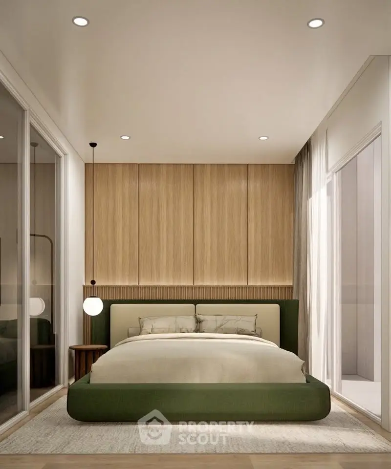 Modern bedroom with stylish wooden paneling and cozy green bed