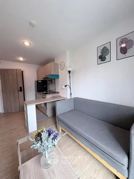 Modern living room with cozy gray sofa and stylish kitchen area in open layout apartment.