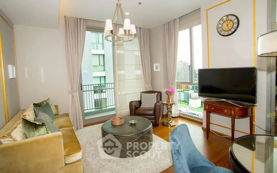 Luxurious living room with city view, elegant decor, and balcony access in modern apartment.