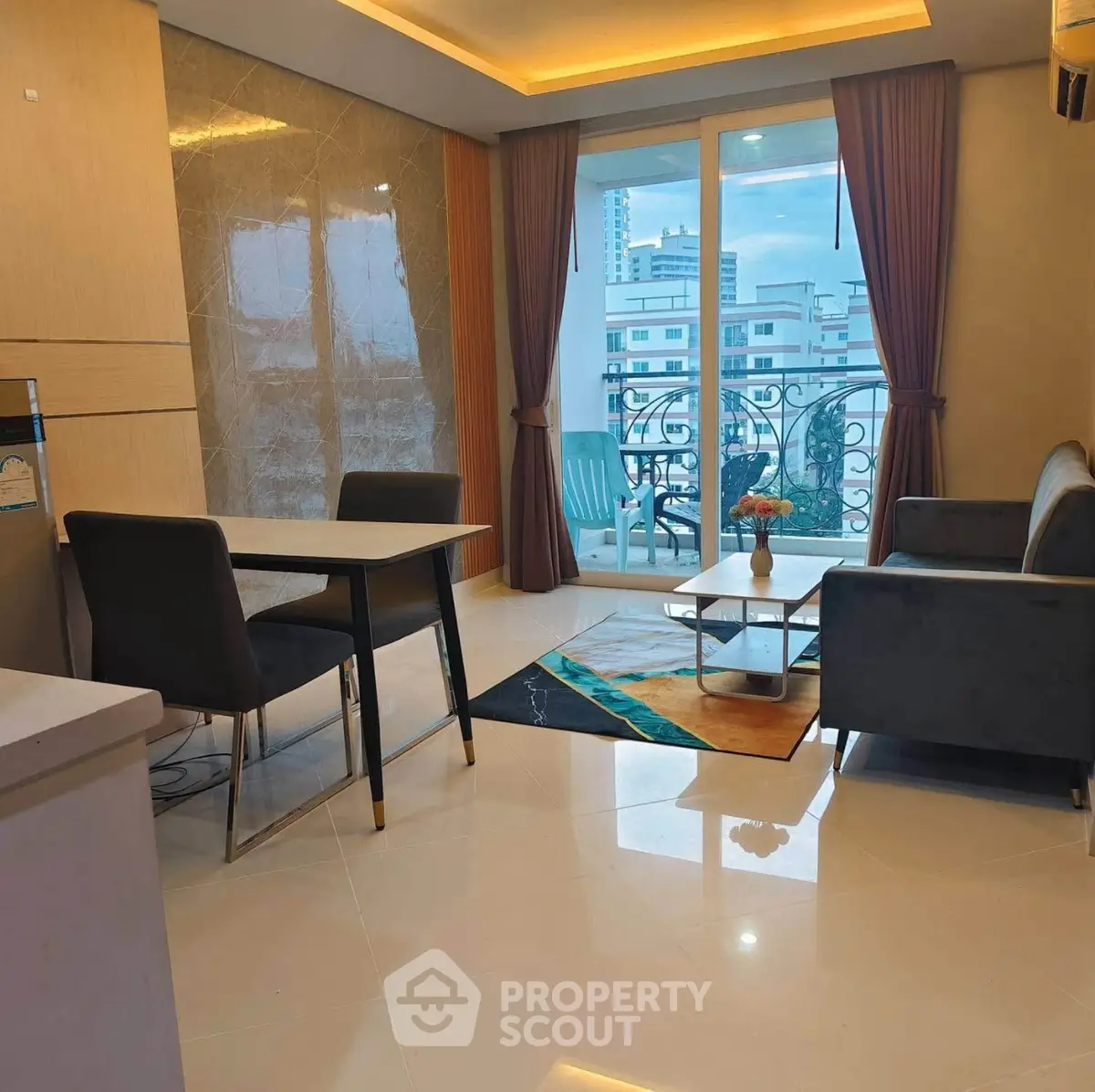 Modern living room with balcony view in urban apartment