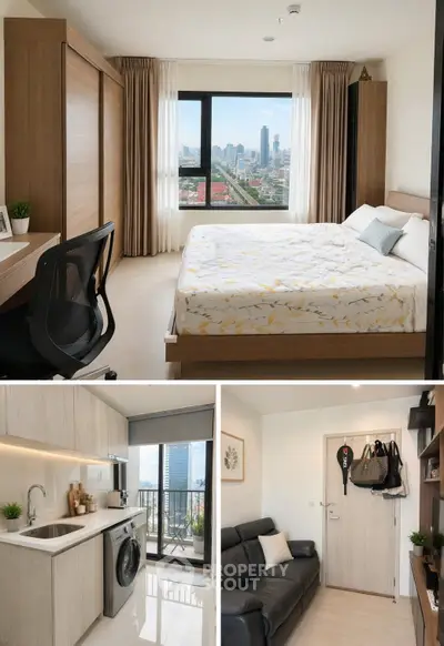 Modern apartment interior with bedroom, kitchen, and living room featuring city views and stylish furnishings.