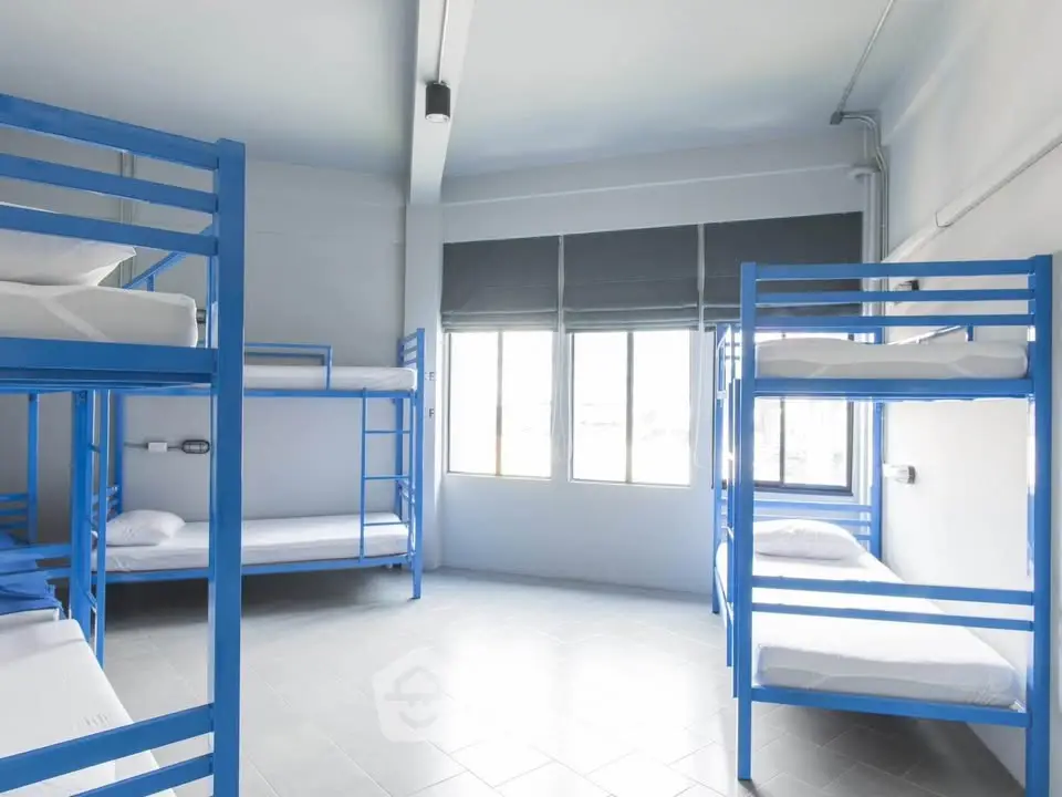 Spacious dormitory room with multiple blue bunk beds and large windows.