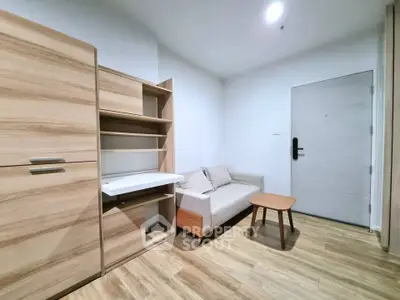 Modern minimalist living room with wooden furniture and cozy sofa