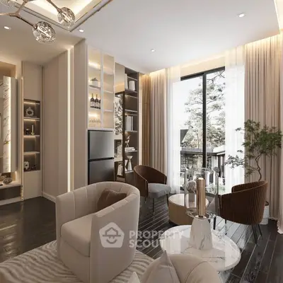 Luxurious modern living room with elegant decor and large windows offering natural light.