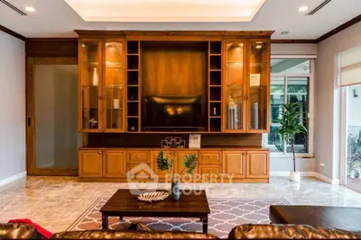 Luxurious living room with elegant wooden cabinetry and modern decor