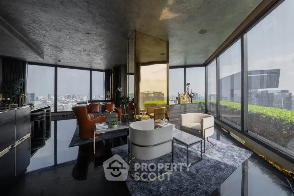 Luxurious corner unit living room with panoramic city views and elegant modern furnishings.