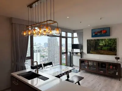 Luxurious modern living room with stunning city view and elegant lighting