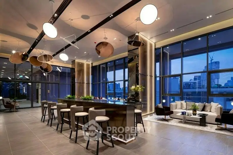 Luxurious modern living room with city view, stylish lighting, and elegant decor.