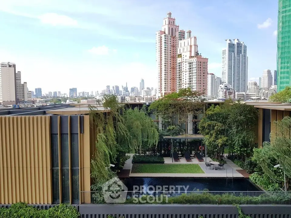 Luxurious urban residential complex with lush garden and pool, offering stunning city skyline views.
