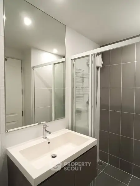 Modern bathroom with sleek sink and glass shower enclosure