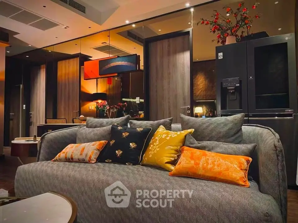 Luxurious living room with elegant decor and plush sofa in modern apartment