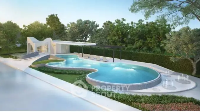 Luxurious outdoor pool area with modern design and lush greenery, perfect for relaxation and leisure.