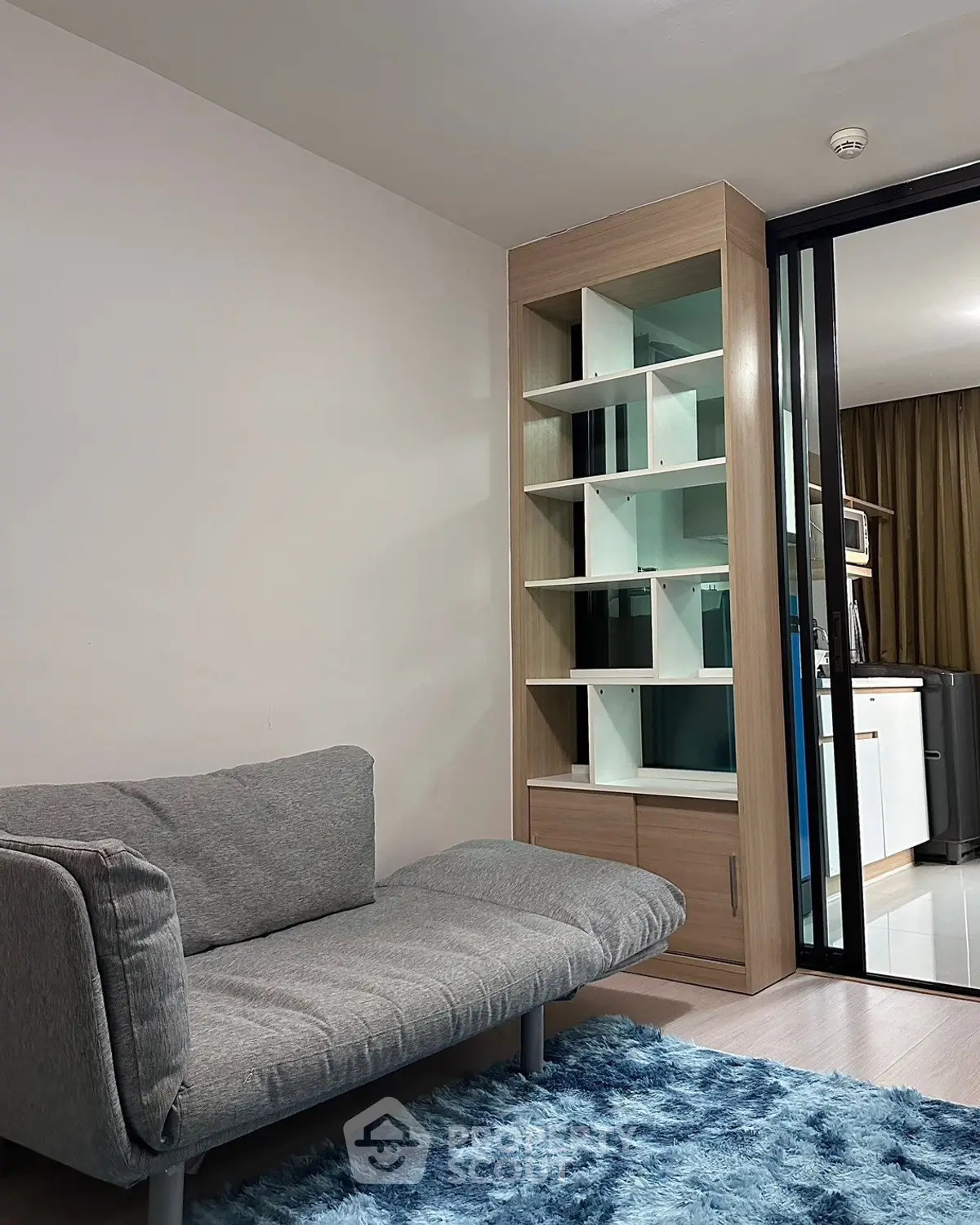Modern living room with stylish gray sofa and built-in shelving unit, featuring a cozy blue rug.