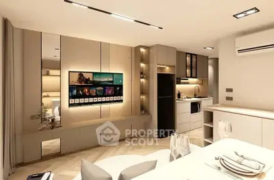Modern open-plan living room with sleek kitchen and stylish decor