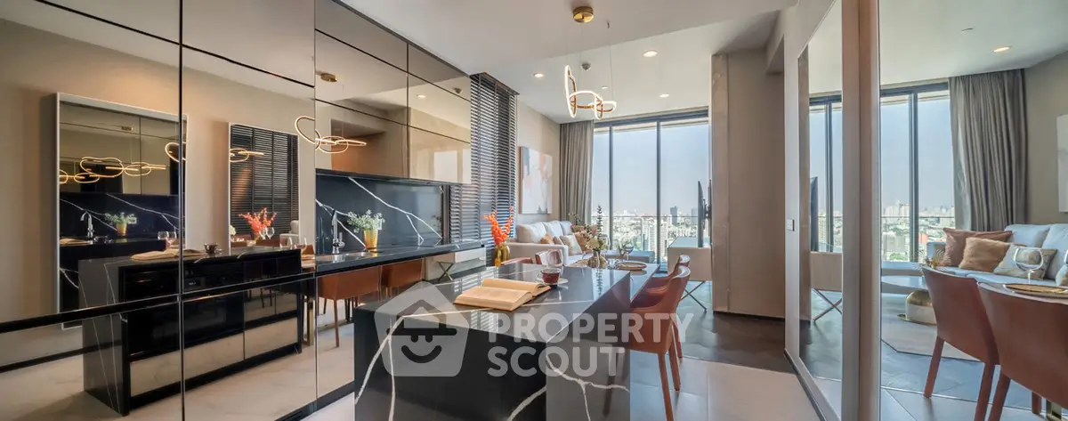 Luxurious modern living room with panoramic city views and elegant decor