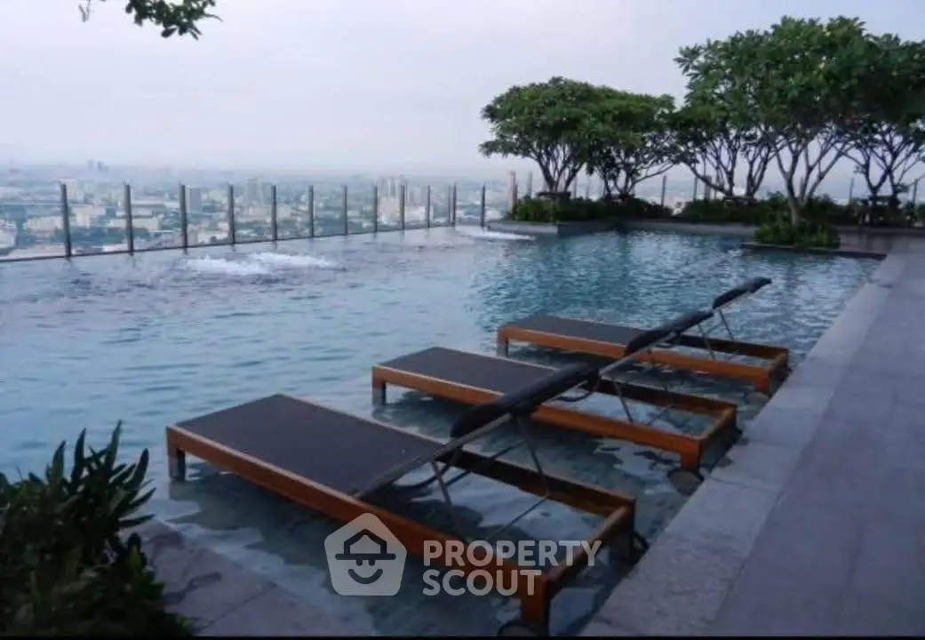 Luxurious rooftop pool with stunning city views and elegant lounge chairs.