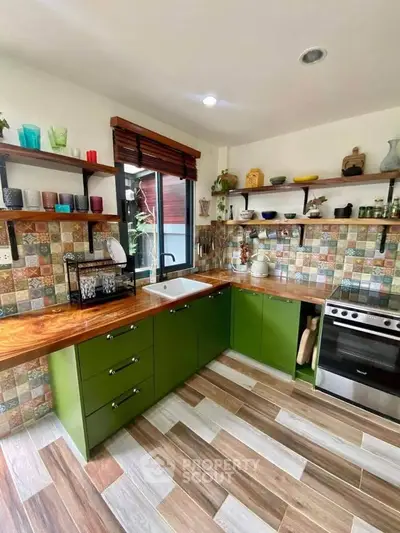 Charming kitchen with colorful tiles and green cabinets, featuring a gas stove and open shelving.