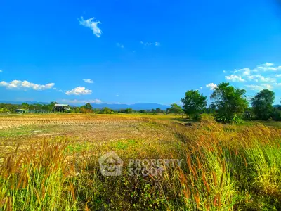 Expansive rural landscape with clear blue sky and distant mountains, perfect for serene living.