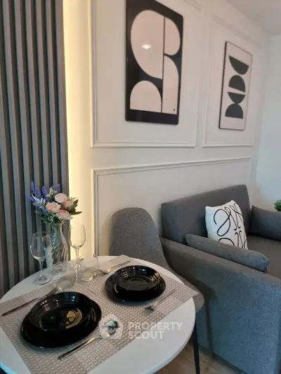 Modern living room with stylish decor and cozy seating area