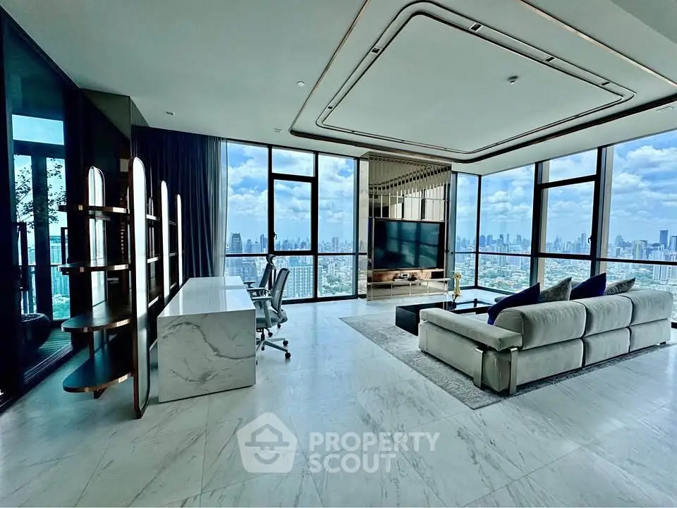 Luxurious living room with panoramic city views and modern decor
