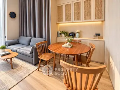 Stylish living room with wooden furniture and cozy decor in modern apartment