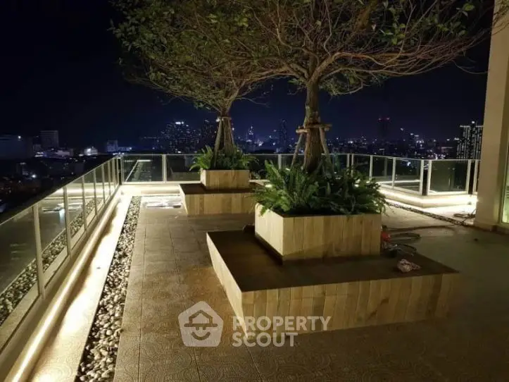 Stunning rooftop terrace with night city view and ambient lighting