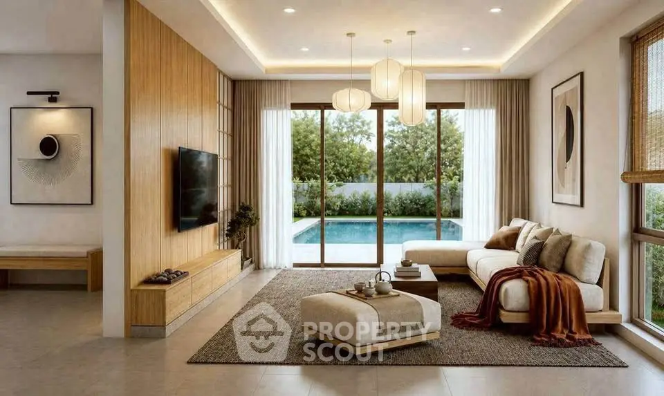 Luxurious living room with pool view, modern decor, and cozy seating area.