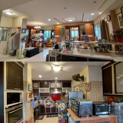 Spacious kitchen with ample counter space, modern appliances, and rich wooden cabinetry, perfect for culinary enthusiasts.