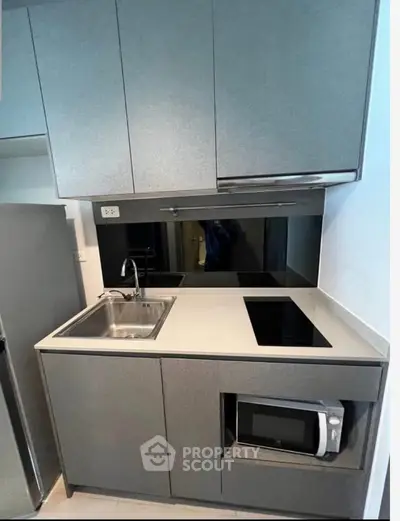 Modern compact kitchen with sleek cabinetry and built-in appliances, ideal for urban living.