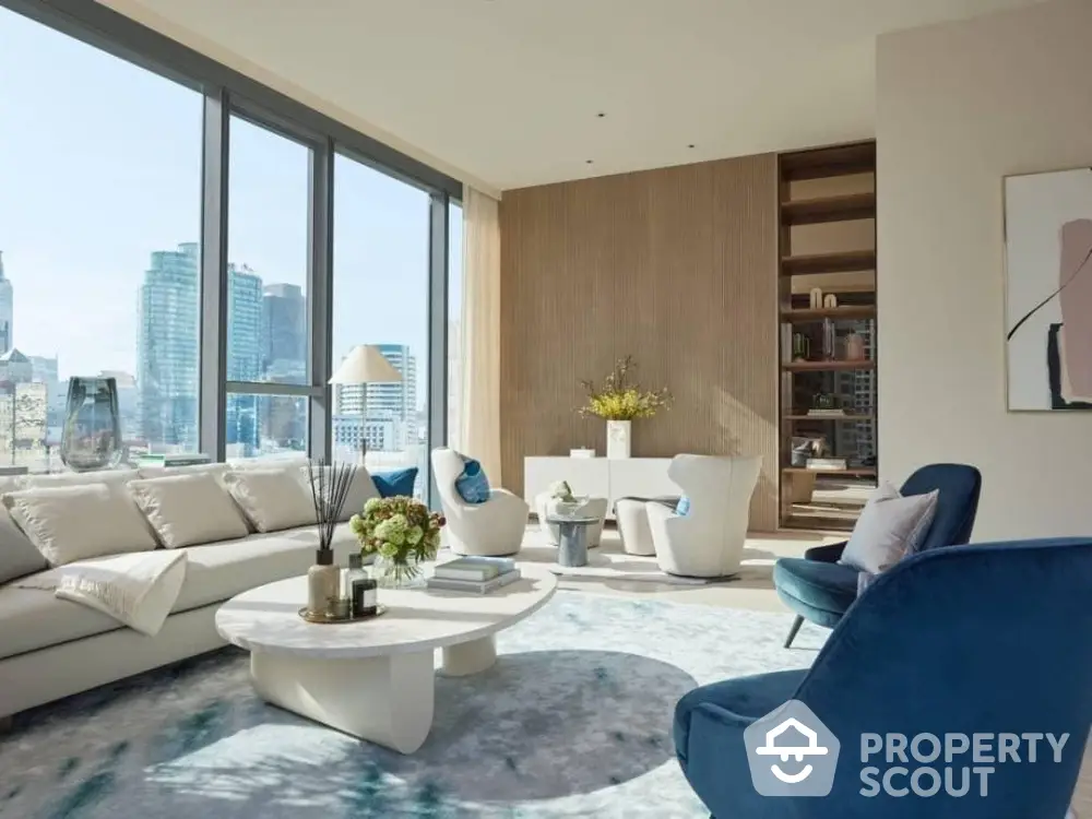 Luxurious modern living room with stunning city view and elegant decor