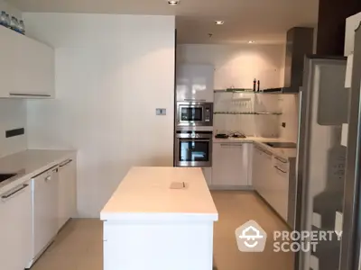 Modern kitchen with sleek white cabinetry and built-in appliances