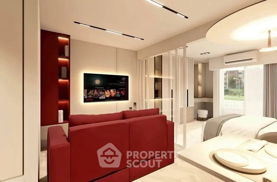 Luxurious modern living room with red sofa and sleek TV setup, perfect for stylish urban living.
