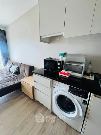 Compact living room with sofa and integrated kitchen featuring washing machine and microwave.