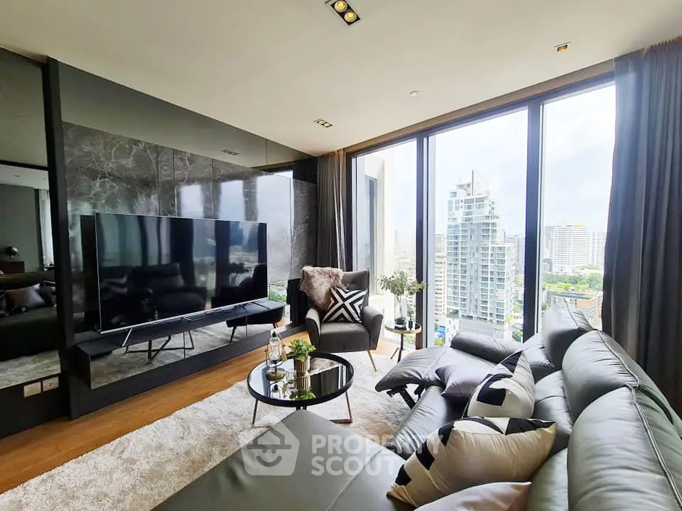 Luxurious living room with stunning city view and modern decor
