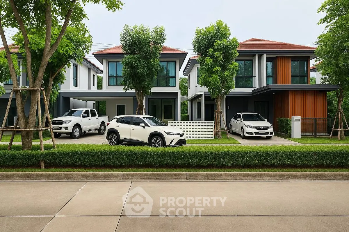 Modern suburban homes with lush greenery and parked cars in a serene neighborhood setting.