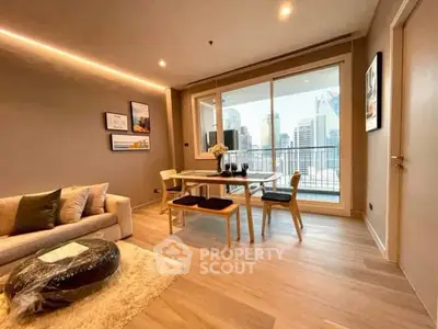 Modern living room with city view and stylish decor in high-rise apartment