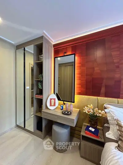 Modern bedroom with stylish decor and built-in storage solutions